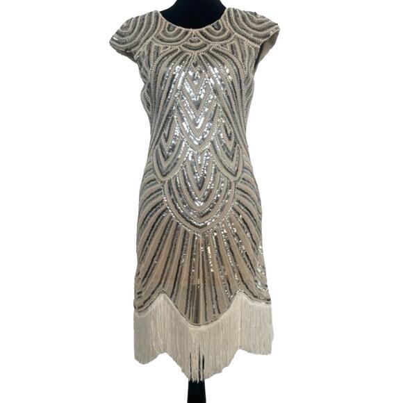 unknown Dresses & Skirts - Vintage 20’s Silver and White Beaded and Sequins Flapper dress with Fringe